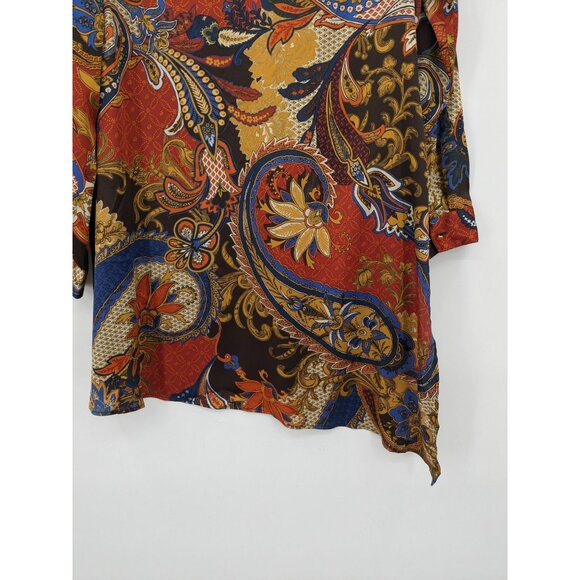 Chicos Paisley Tunic Top Size L Lace Up Long Sleeve Asymmetrical Hem Boho Indie - Picture 12 of 12